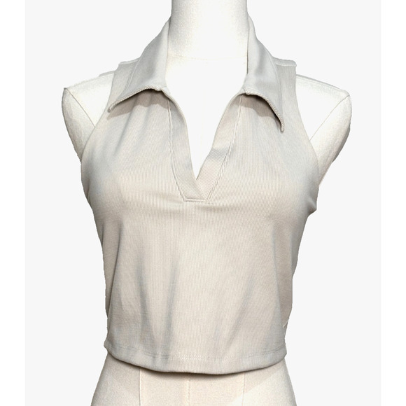 Beyond Yoga Light Tan Heather Rib Prep Cropped Collared V Neck Top Medium - Picture 1 of 7